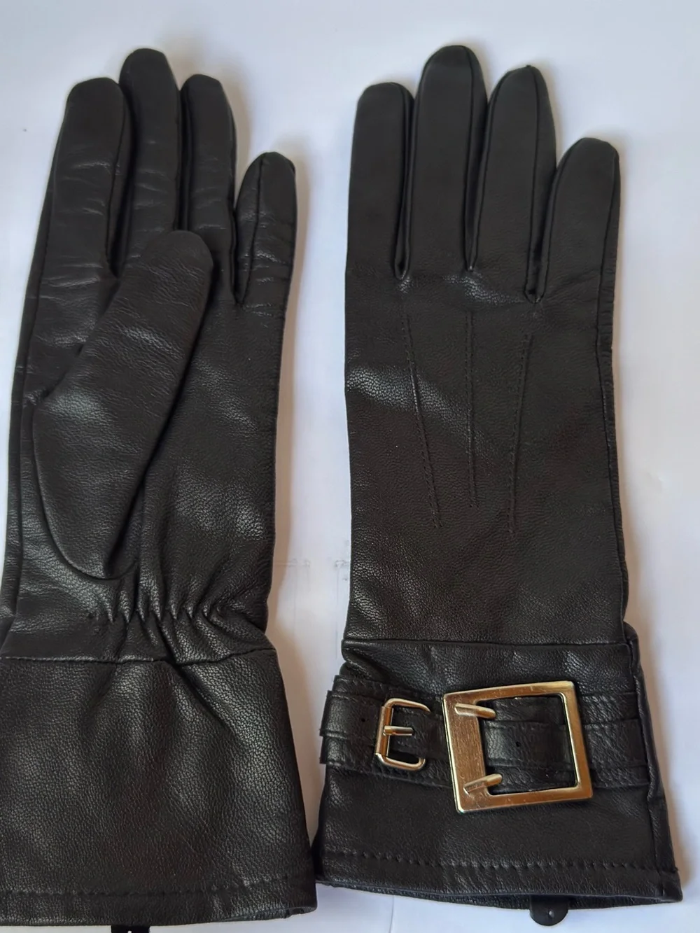 Black Leather Women's Gloves with silver tone Buckle Accent lined